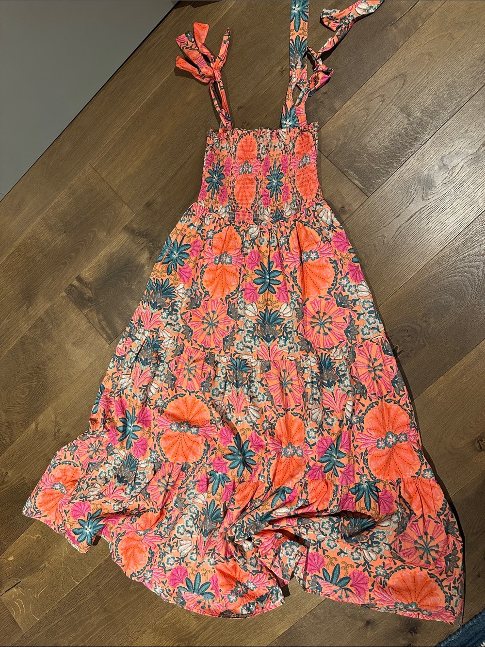 Girls' Pink Orange Floral Sundress with Tie Straps